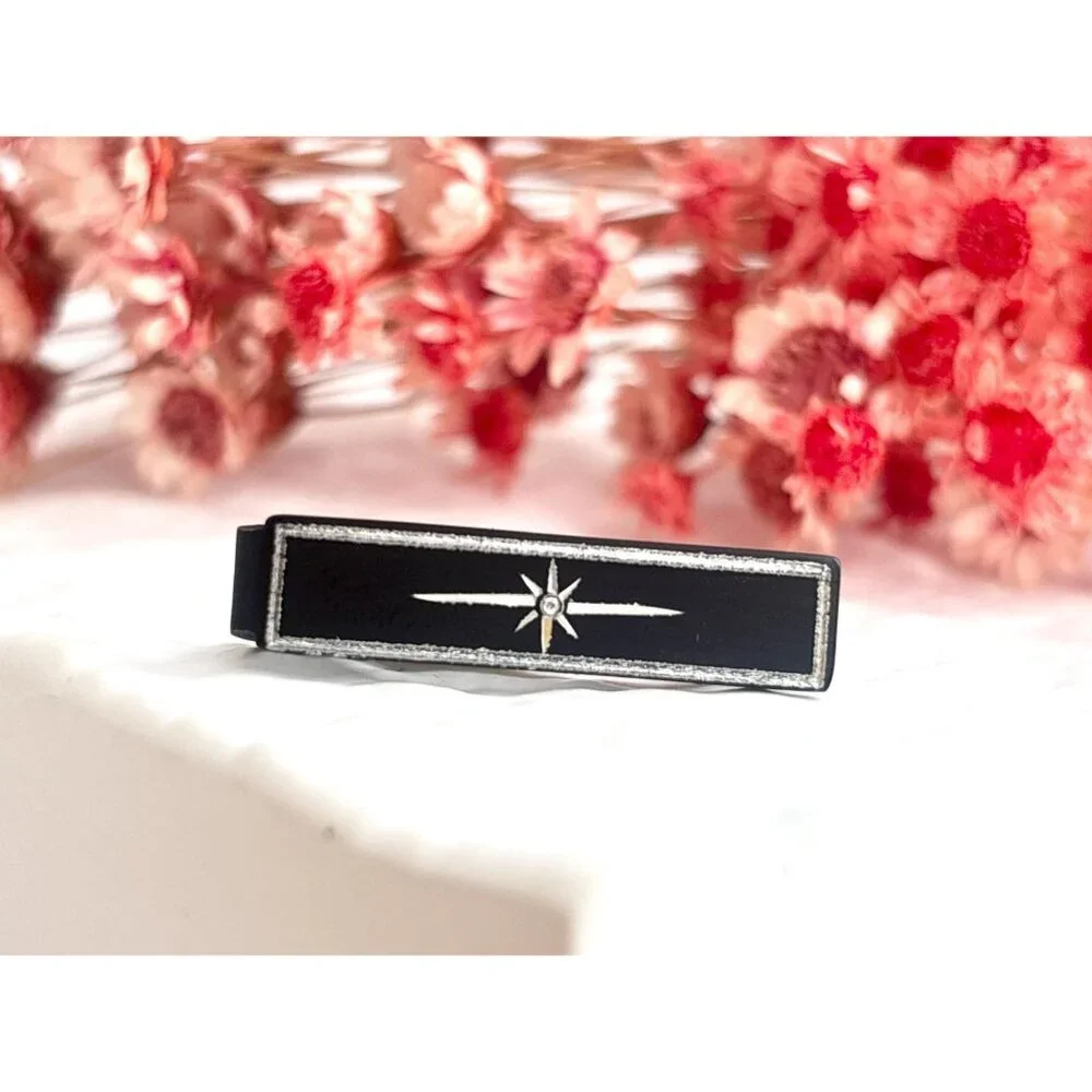 Anson Designer Starburst Black Enamel Silver T Vintage Men's Tie Bar | Tie Clip